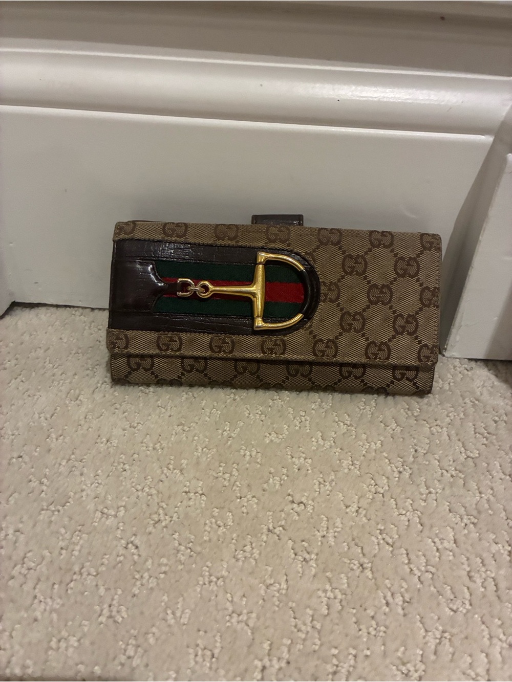 Vintage GUCCI GG Canvas Web Horsebit Long Continental Wallet Brown👝